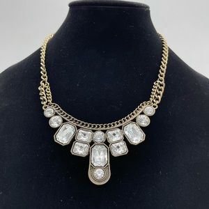 Statement Necklace on Gold Tone Chain & Crystals